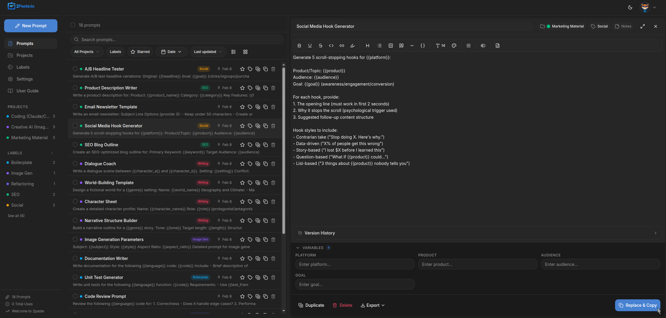 2paste.io prompt workspace with fast navigation, editing, and variable-driven templates