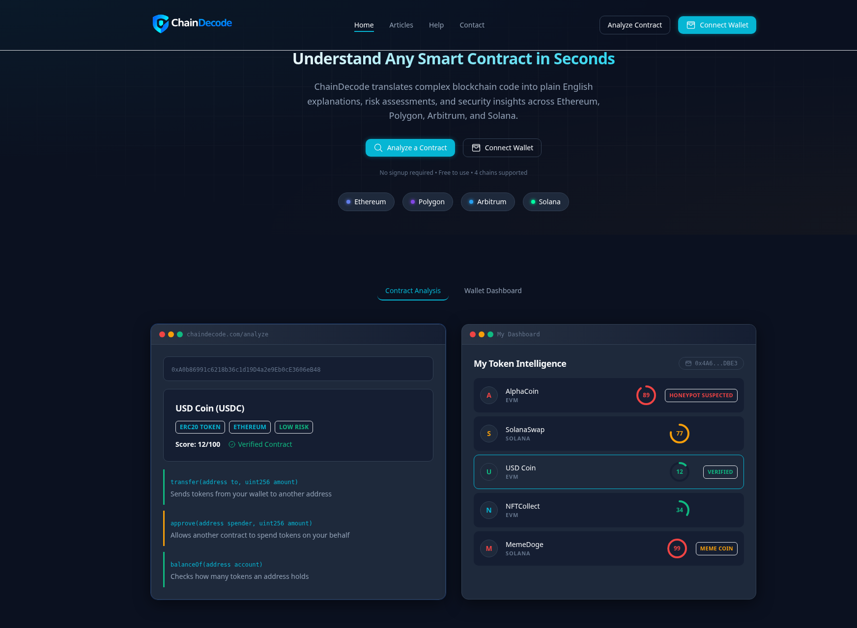 ChainDecode interface showing smart contract analysis