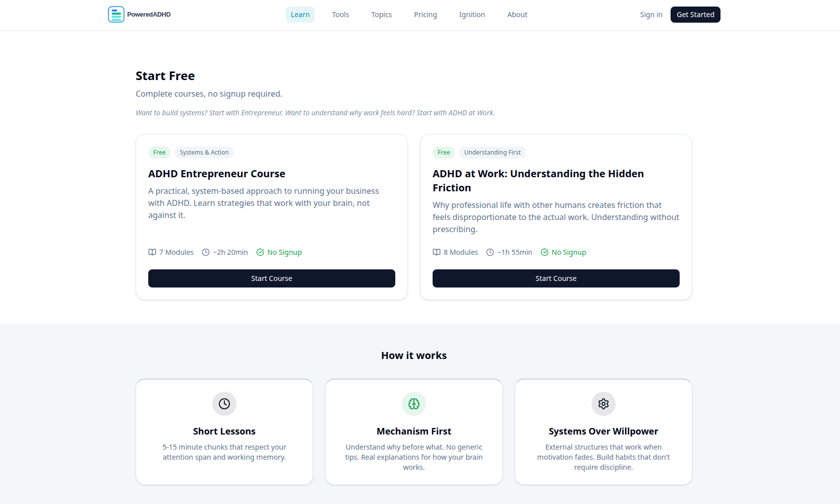 PoweredADHD learning interface showing structured course modules