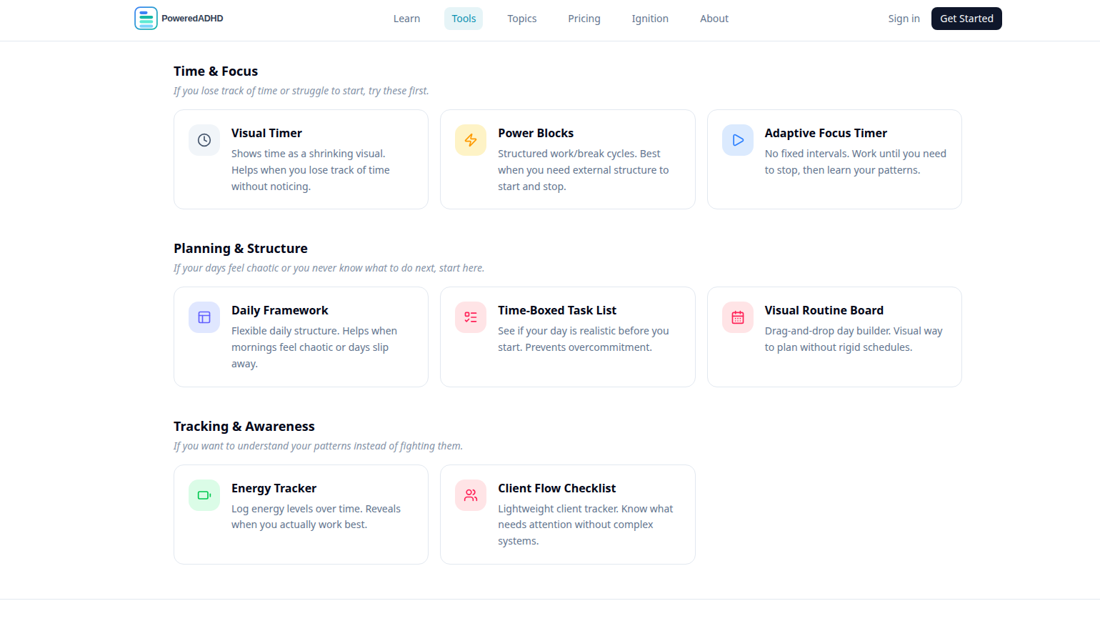 PoweredADHD tools interface showing free productivity tools for ADHD