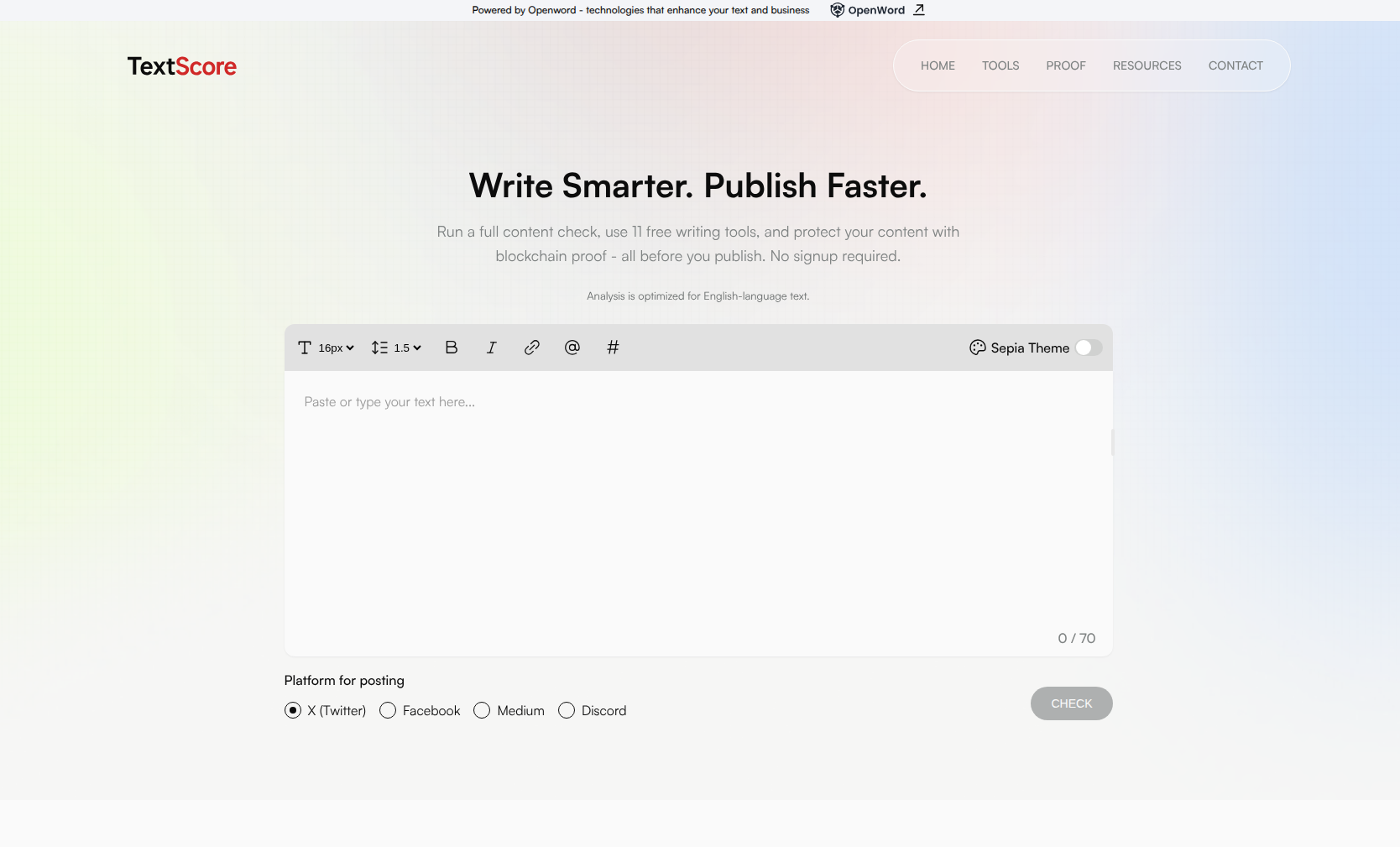 TextScore homepage showing text editor with formatting toolbar and platform targeting