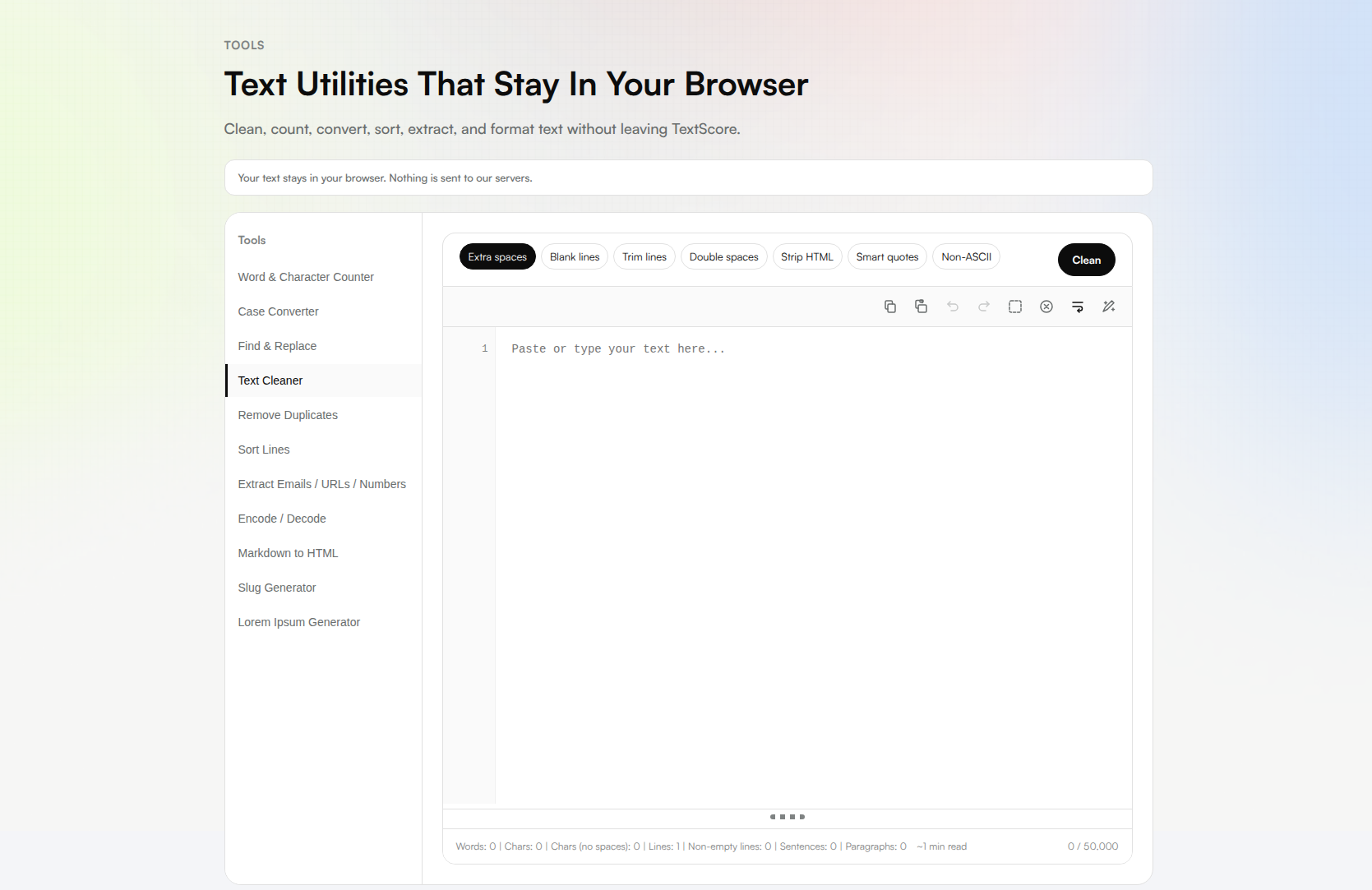 TextScore text utilities page with 11 browser-based writing tools including text cleaner
