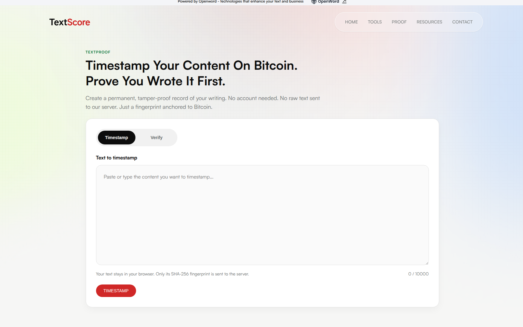 TextScore blockchain timestamp page for anchoring content proof to Bitcoin